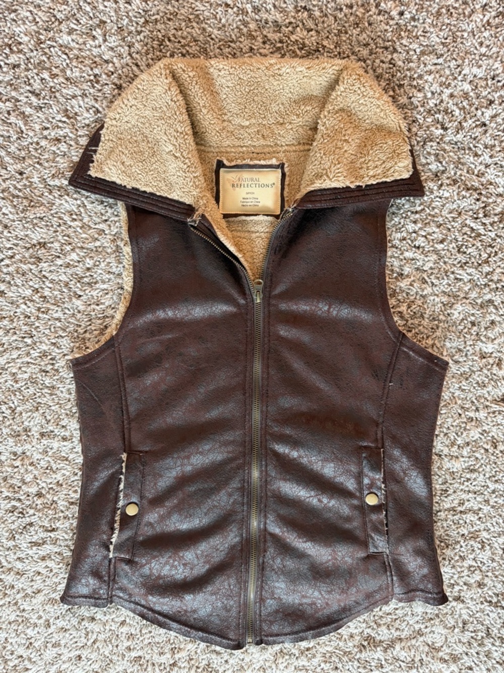 Natural Reflections Brown Faux Leather Sherpa-Lined Vest with Cream Collar